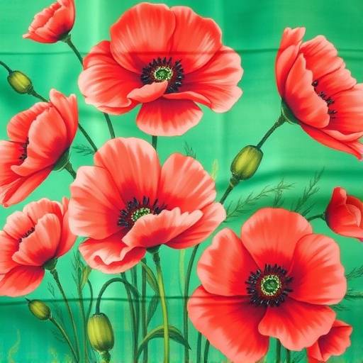 Bufanda de seda pintada a mano con un dise&ntilde;o de amapolas rojas sobre un fondo verde esmeralda