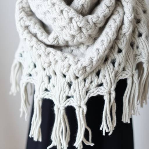 Chal de lana merino tejido a mano en color gris claro con detalles de flecos