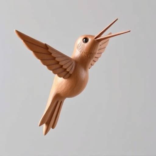 Escultura de madera tallada a mano de un colibr&iacute; en vuelo