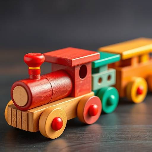 Juguete de madera artesanal de un tren con vagones de colores brillantes